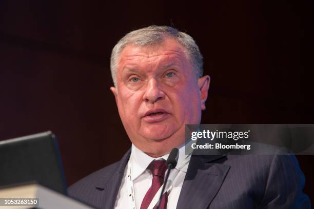 Igor Sechin, chief executive officer of Rosneft PJSC, delivers a speech during the XI Eurasian Economic Forum in Verona, Italy, on Thursday, Oct. 25,...