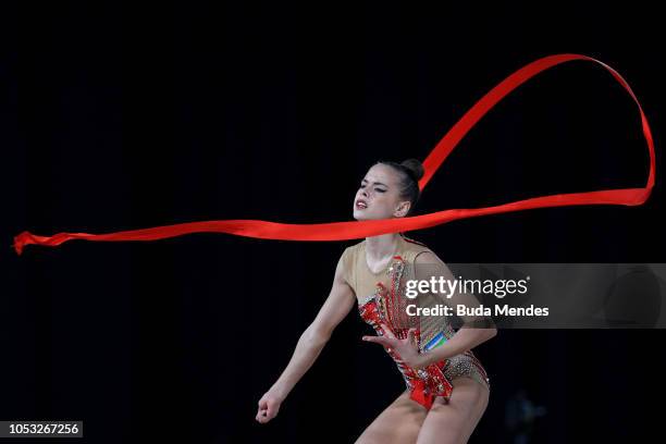 Ekaterina Fetisova of Uzbekistan competes in ribbon in Multidiscipline Team Event Final during Day 4 of Buenos Aires 2018 Youth Olympic Games at...