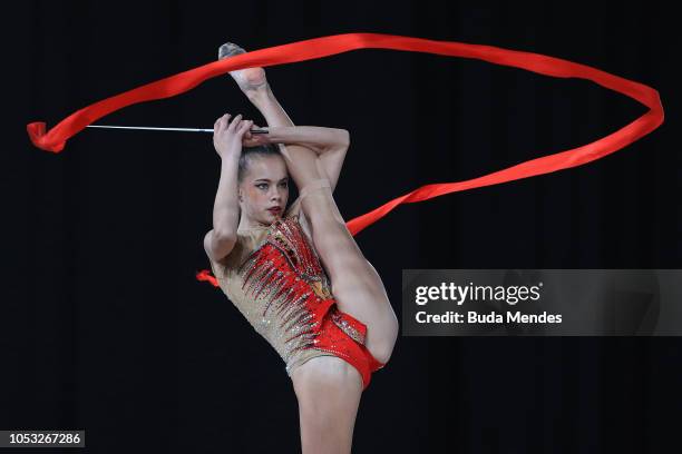 Ekaterina Fetisova of Uzbekistan competes in ribbon in Multidiscipline Team Event Final during Day 4 of Buenos Aires 2018 Youth Olympic Games at...