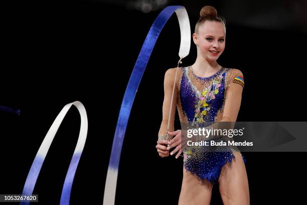 Yulia Vodopyanova of Armenia competes in ribbon in Multidiscipline Team Event Final during Day 4 of Buenos Aires 2018 Youth Olympic Games at America...