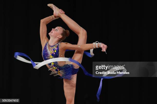 Yulia Vodopyanova of Armenia competes in ribbon in Multidiscipline Team Event Final during Day 4 of Buenos Aires 2018 Youth Olympic Games at America...