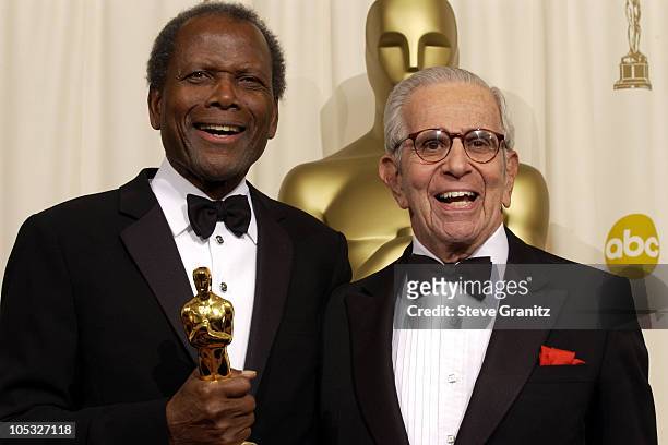 Sidney Poitier and Walter Mirisch during The 74th Annual Academy Awards - Press Room at Kodak Theater in Hollywood, California, United States.