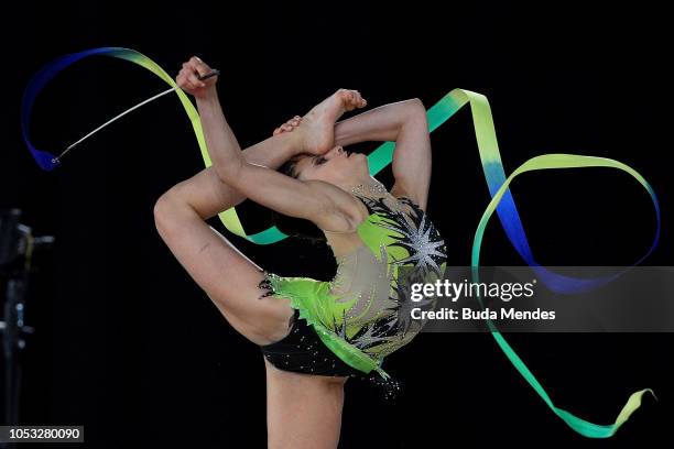 Celeste Darcangelo of Argentina competes in ribbon in Multidiscipline Team Event Final during Day 4 of Buenos Aires 2018 Youth Olympic Games at...