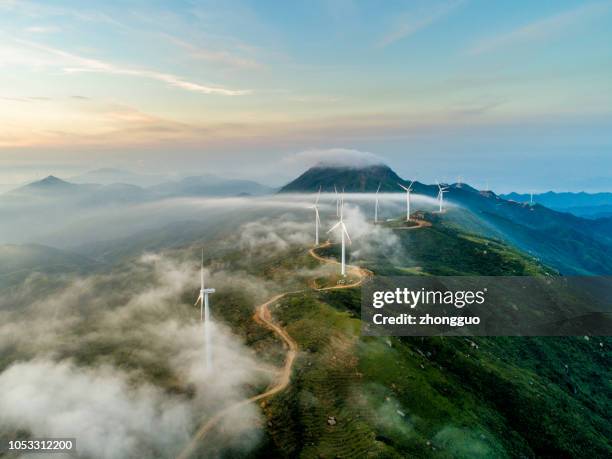 wind power generation - foggy forest stock pictures, royalty-free photos & images