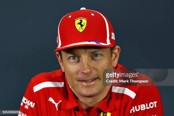 Kimi Raikkonen of Finland and Ferrari looks on in the Drivers Press Conference during previews ahead of the Formula One Grand Prix of Mexico at...
