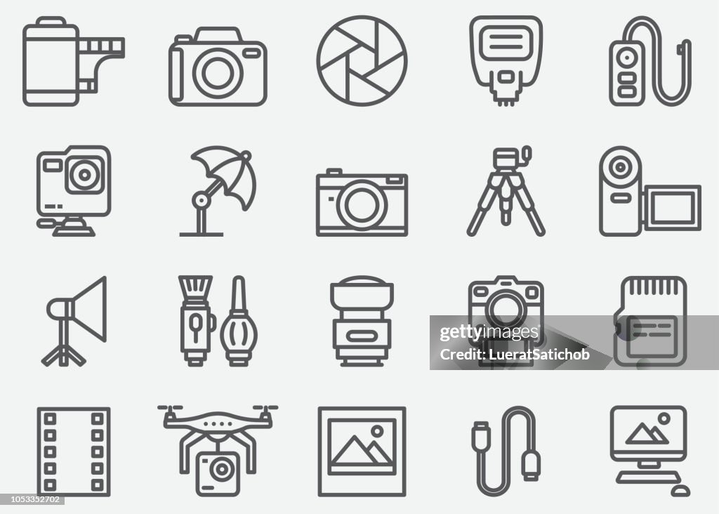 Icone della linea di accessori per fotografia e fotocamera