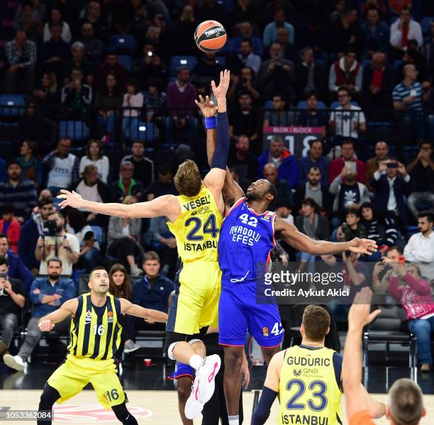 Bryant Dunston, #42 of Anadolu Efes Istanbul competes with Jan Vesely, #24 of Fenerbahce Istanbul during the 2018/2019 Turkish Airlines EuroLeague...