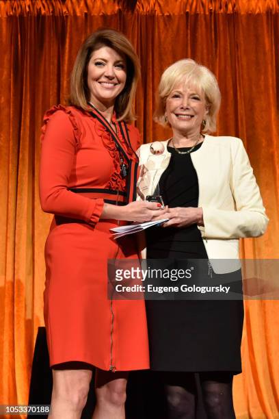 Co-host Norah O'Donnell and Winner of the Lifetime Achievement Award, Lesley Stahl pose onstage during the International Women's Media Foundation's...