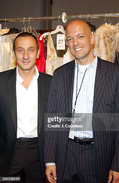 Gilles Mendel and Thomas van der Kallen during Olympus Fashion Week Spring 2005 - J Mendel Back Stage and Front Row at Plaza Tent, Bryant Park in New...