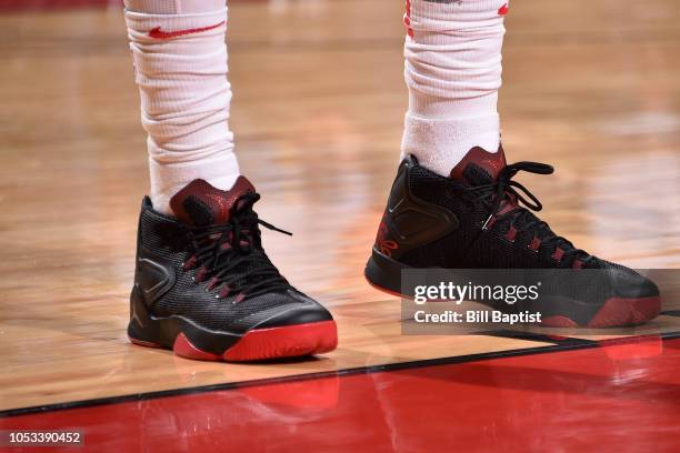 The sneakers of Carmelo Anthony of the Houston Rockets during the game against the Utah Jazz on October 24, 2018 at Toyota Center, in Houston, Texas....