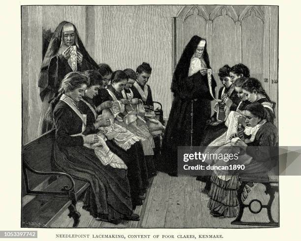 nuns teaching needlepoint lacemaking to girls, 19th century - convent stock illustrations