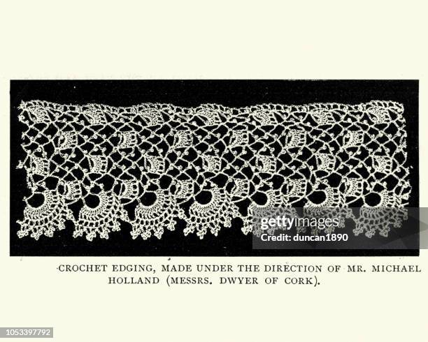 victorian irish crochet lace pattern, 19th century - crochet stock illustrations