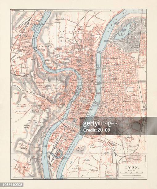city map of lyon, auvergne-rhône-alpes, france, lithograph, published 1897 - rhone stock illustrations