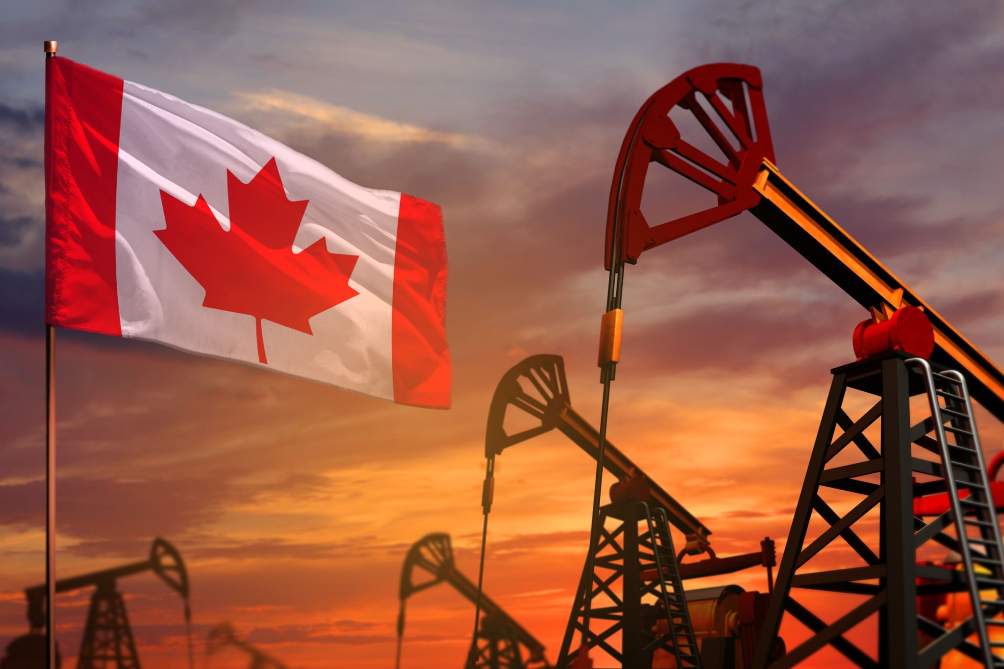 Canada oil industry concept. Industrial illustration - Canada flag and oil wells with the red and blue sunset or sunrise sky background - 3D illustration Canada oil industry concept. Industrial illustration - Canada flag and oil wells with the red and blue sunset or sunrise sky background - 3D illustration