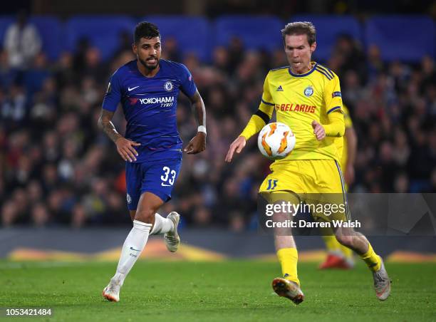 Emerson of Chelsea and Aleksandr Hleb of FC BATE in action during the UEFA Europa League Group L match between Chelsea and FC BATE Borisov at...