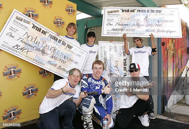 Pro Ryan Nyquist, Moto X Pro Nate Adams, and Pro Skateboarder Jason Ellis with 2004 Butterfinger "Break Out" Champions Andrew Caro, James Foster, and...