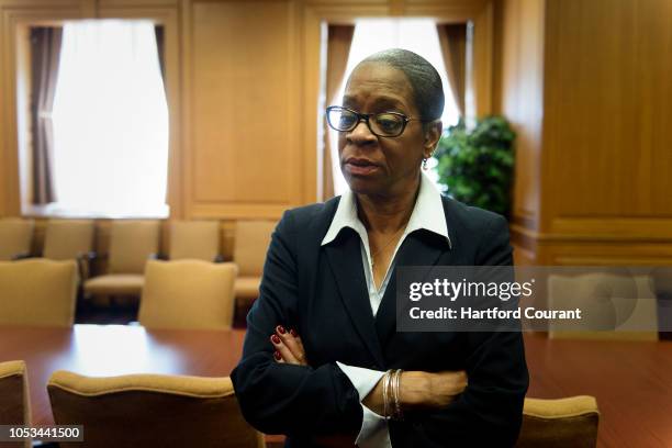 Denise Nappier talks with reporters after a press conference on Jan. 3, 2018. Nappier is urging owners of unclaimed property to use a designated...
