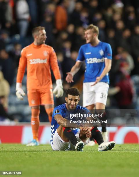 Connor Goldson of Rangers reacts at full time during the UEFA Europa League Group G match between Rangers and Spartak Moscow at Ibrox Stadium on...