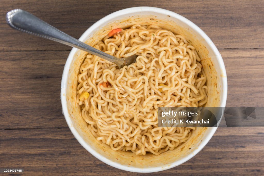 Directly Above Shot Of Instant Noodles In Cup On Table