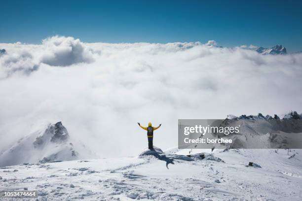 viewpoint above the fog - arms raised mountain stock pictures, royalty-free photos & images