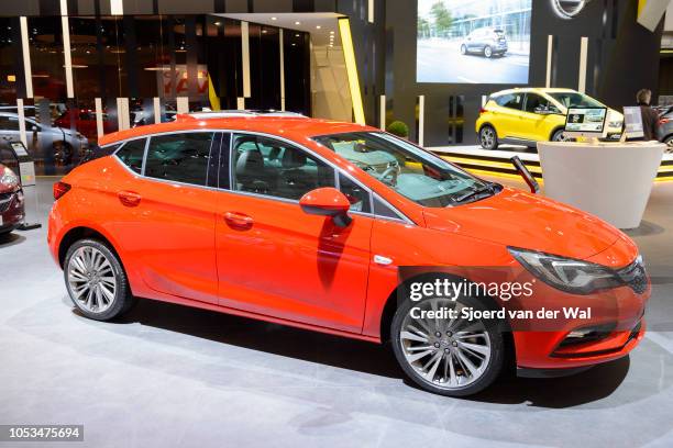 Opel Astra hatchback compact family car front view on display at Brussels Expo on January 13, 2017 in Brussels, Belgium. The Opel Astra is marketed...