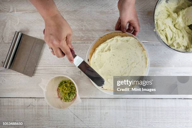 high angle view of a person smoothing buttercream icing over a fresh baked gin and tonic flavoured cake. - spread over stock pictures, royalty-free photos & images