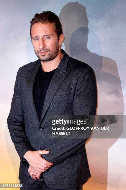 Belgian actor Matthias Schoenaerts poses on the red carpet prior to the premiere of the movie 'Kursk' at La Cite Du Cinema on October 25, 2018 in...
