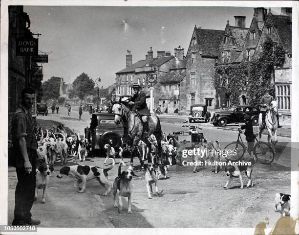 Hounds during a fox hunting meet outside the Lygon Arms, Broadway, Worcestershire, circa 1935. FOX WP 2845.