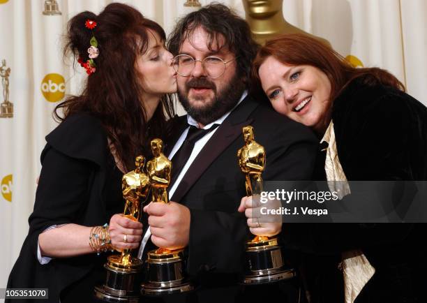 Fran Walsh, Peter Jackson and Phillippa Boyens during The 76th Annual Academy Awards - Deadline Photo Room at The Kodak Theater in Hollywood,...