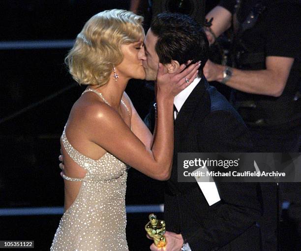 Charlize Theron kisses Adrien Brody for her win as Best Actress for "Monster"