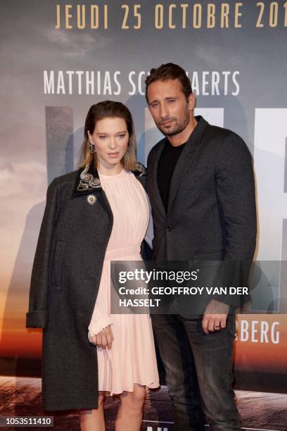 French actress Lea Seydoux and Belgian actor Matthias Schoenaerts pose on the red carpet prior to the premiere of the movie 'Kursk' at La Cite Du...