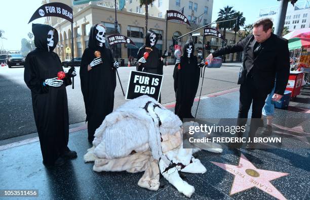 Blood is poured over a pile of fur as black-robed PETA activist dressed as a Grim Reapers hold a 'Fur is Dead' rally along Hollywood Boulevard on...