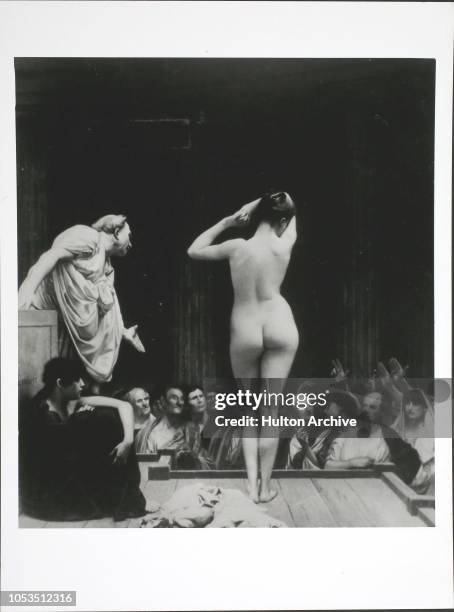 'For Sale' by J. L. Gerome, circa 1860 - A naked woman is sold at a slave auction in ancient Rome with Roman Senators among the bidders, at the...