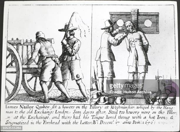 The torture of James Nailor, a Quaker, who spent two hours on the pillory at Westminster, and was whipped by the hangman to the Old Exchange in...