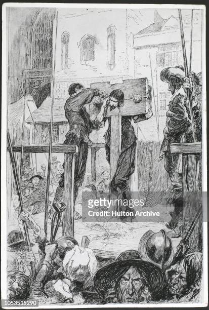The punishment of William Prynne in the pillory. A drawing by Claude A. Shepperson. Prynne, a lawyer, had written a book attacking the English Church...