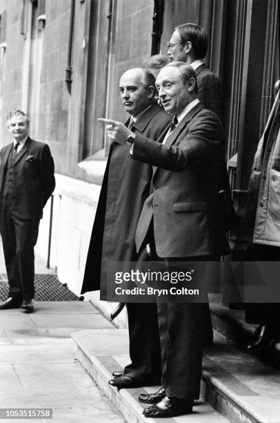 Mikhail Gorbachev, Russian Politburo member and second in line at the Kremlin, left, stands with Neil Kinnock, leader of the Labour Party, during a...