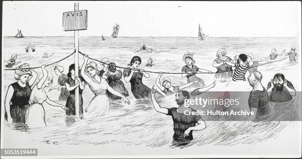 Holidaymakers swimming in the sea at Trouville, France, 1879. Some are clinging to a rope attached to a sign reading 'Avis'. By Caldecott.