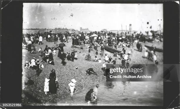 Crowds on the beach at Southsea, England, 1890s.