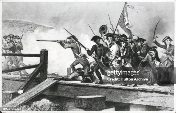 The struggle on the Old North Bridge over the Concord River at the Battle of Concord, on the first day of battle in the American Revolutionary War,...
