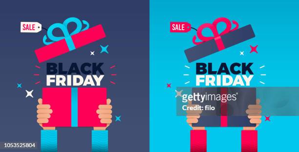black friday hands holding up holiday gift - shopping stock illustrations