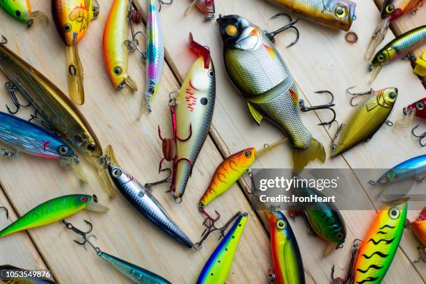 fishing lures. - vishaak visgerei stockfoto's en -beelden