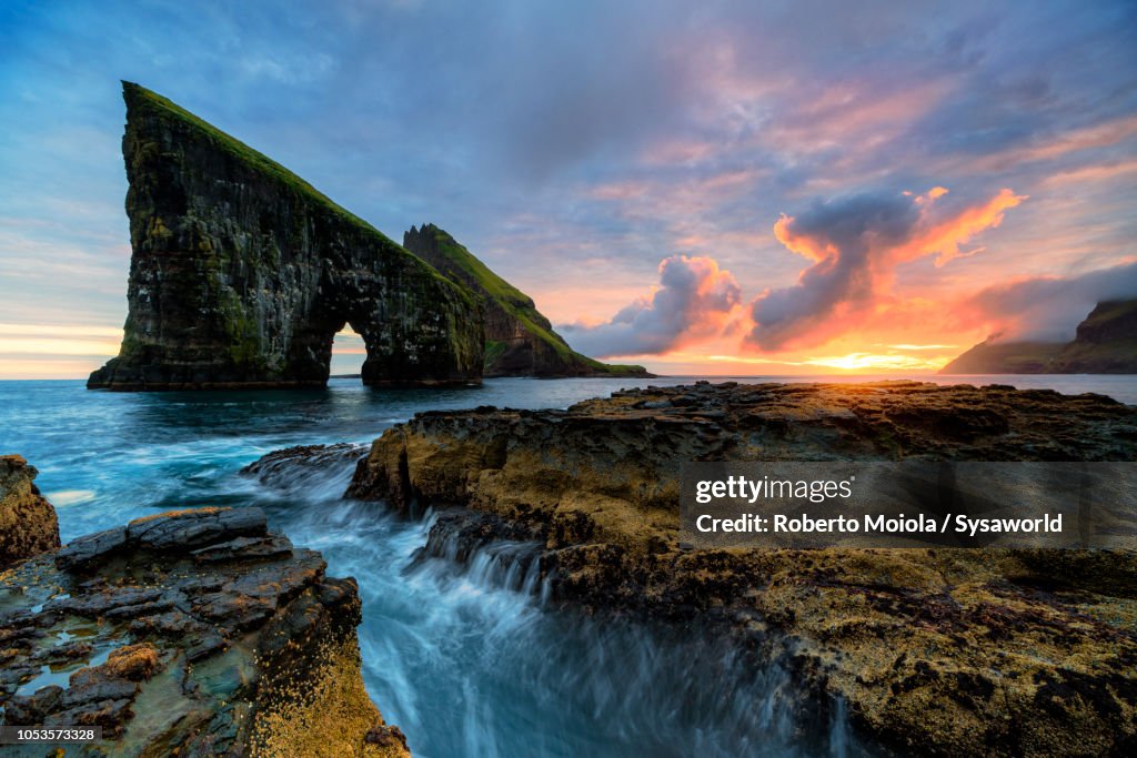 Drangarnir rock at sunset, Faroe Islands