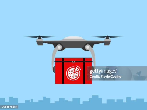 drone delivering pizza - クワッドコプター ストックフォトと画像