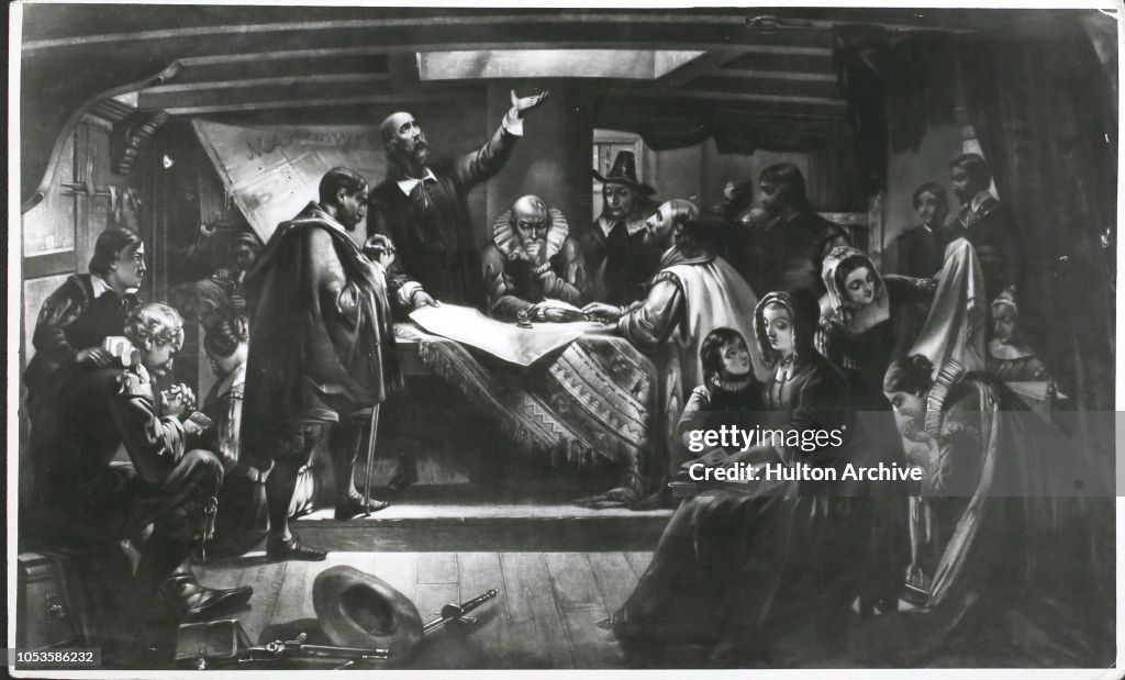 William Bradford At The Signing Of The Compact In The Cabin Of The 'Mayflower'. After Edwin White)