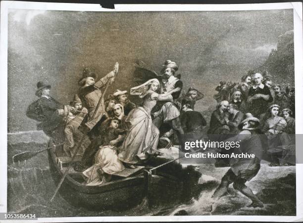 The Landing of the Pilgrims, by Rothermel, at Plymouth Rock , The Pilgrim Fathers sailed from England on the 'Mayflower' and founded a colony at New...