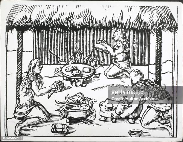 Aztecs roasting and preparing cocoa. In the foreground a grinding stone.