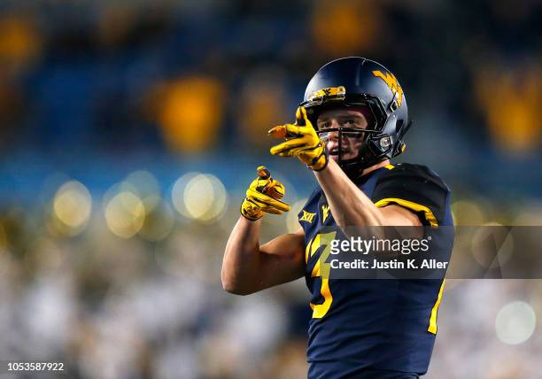 David Sills V of the West Virginia Mountaineers reacts after a first down in the first half against the Baylor Bears at Mountaineer Field on October...