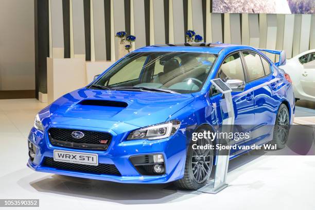 Subaru WRX STI high performance sedan on display at Brussels Expo on January 13, 2017 in Brussels, Belgium. The WRX STI is based on the Subaru...