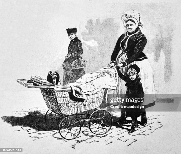 stockillustraties, clipart, cartoons en iconen met nanny met een kinderwagen en het kleine kind - 1888 - kinderkoets