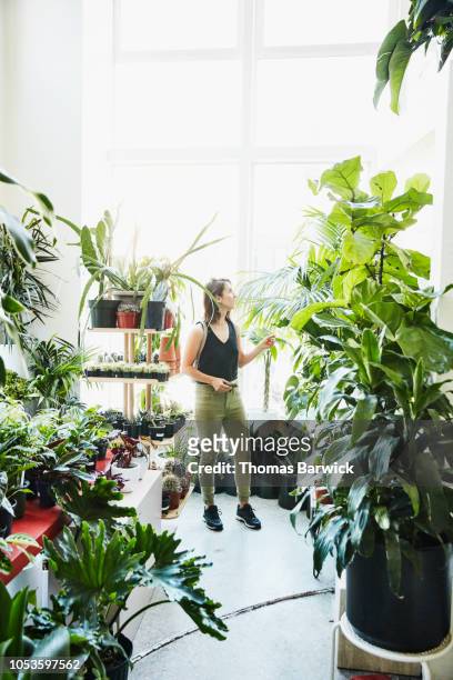 Woman admiring plants while shopping in plant shop